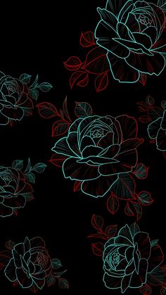 a black background with red and blue roses