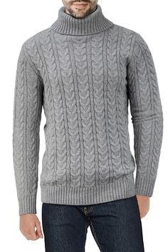 Bundle up this season with a classic turtleneck sweater made from timeless cable knitting for a chic and cozy warm attire. Fit: this style fits true to size. Turtleneck. Long sleeves. Cable knit construction. Ribbed trim. Approx. 30" length (size L). Imported Men’s Grey Cable Knit Sweater, Casual Solid Cable Knit Turtleneck, Casual Solid Color Cable Knit Turtleneck, Solid Cable Knit Turtleneck, Winter Cable Knit Turtleneck, Fall Cable Knit Turtleneck, Fitted Cable Knit Long Sleeve Turtleneck, Fitted Cable Knit Turtleneck With Long Sleeves, Casual Cable Knit Turtleneck For Cold Weather