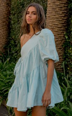 Harleen Mini Dress - Asymmetrical Trim Puff Sleeve Dress in Light Blue | Showpo USA Light Blue Dresses, Bubble Sleeve, Puff Sleeve Dress, Sleeves Clothing, Blue Mini Dress, Puffed Sleeves Dress, Light Blue Color, Linen Dresses, Mini Dress With Sleeves