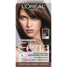 With L'Oreal Feria permanent hair color, what you see is the shimmer. Multi-Faceted shimmering color with 3X highlights delivers intensified, brilliant results. Inspired by fashion, Feria offers a twist on the traditional and gives edgy hair color - from bright red, platinum blonde, rose gold, metallic brown, to blue black hair color, these hair dye kits will transform your hair. Feria's prismatic color spectrum is custom-blended by L'Oreal master colorists for bold, head-turning shades – no app Chocolate Hair Dye, Medium Brown Hair Dye, Loreal Paris Hair Color, Loreal Paris Feria, Feria Hair Color, Deep Black Hair, Silver Hair Dye, Blue Black Hair Color, Loreal Hair Color