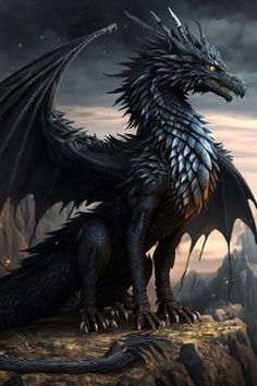 a black dragon sitting on top of a mountain