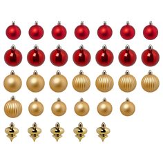 twelve red and gold christmas ornaments arranged in rows