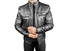 Men's Motorcycle Distressed Leather Jacket - Handmade Slim Fit Black Leather Biker Jacket Our handmade black distressed biker jacket that comes with slim fit pattern having four stylish pockets essential to go with any style either formal or party this jacket with give you 100% perfect look. This T-Shirt Collar Moto Leather Jacket makes you feel vintage. Whether to gift this motorcycle jacket to brother, husband, dad or anyone it would be a special gift for your loved ones. Make their special da Fitted Leather Jacket With Pockets For Motorcycling, Fitted Leather Jacket With Pockets For Biker Events, Fitted Moto Biker Jacket With Pockets, Fitted Biker Jacket With Pockets For Motorcycling, Distressed Leather Jacket, Black Leather Biker Jacket, Leather Biker Jacket, Leather Moto Jacket, Stitching Leather