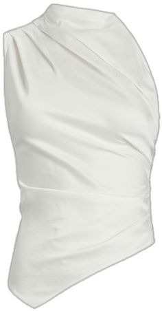 Elegant Asymmetrical Satin Top, One Shoulder Satin Tops For Summer, Chic White Draped Top, Satin One-shoulder Top For Summer, Summer Satin One-shoulder Top, White Asymmetrical One Shoulder Top For Party, Elegant Sleeveless One Shoulder Ruched Top, Satin One Shoulder Top For Spring Party, Spring Satin Top With Asymmetrical Neckline