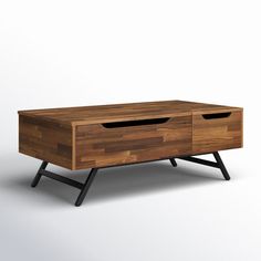 a wooden coffee table with two drawers on one side and an open drawer on the other