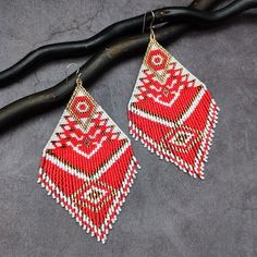 Oversized Vermilion Fringe Earrings, Unique Beaded Dangle, Ethnic Pattern Statement - Etsy Writing Gifts, Ethnic Patterns, Earrings Unique, Small Cards, White Accents, Fringe Earrings, Artistic Jewelry, Jewelry Diy, Beaded Earrings