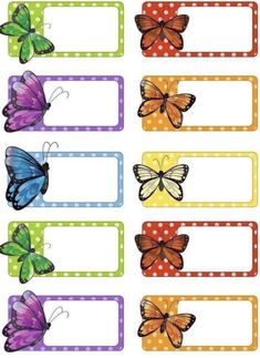 butterflies and polka dot name tags with the words,'butterfly name tags'in different colors