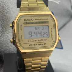 Casio Wrist Watch Brand New Item For Unisex Size , 34mm Diameter, Adjustable Band , Material Stainless Steel Fits 8 Inches Long Tag Still Attached, No Box Color Gold Tone Gold Digital Watch With Subdials, Casual Watches With Analog Display And Rectangular Dial, Classic Digital Watch With Subdials And Rectangular Dial, Classic Gold Chronograph Watch With Date Display, Casual Chronograph Watch As Gift, Gold Digital Watch With Stopwatch, Gold Watch Accessories With Rectangular Analog Dial, Gold Adjustable Watch Accessories, Classic Gold Chronograph Digital Watch