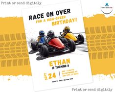 a birthday card with two people in a race car on the road and an orange background that says race on over for a high - speed birthday