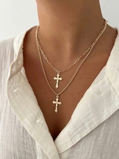 17" Cross pendant measures 1.25 inches Large Cross Necklace, Necklace Tattoo, Trend Jewelry, Tattoo Women, Stacked Necklaces, Gold Cross Necklace, Jewelry Accessories Ideas, Jewelry Fashion Trends, Women Necklace