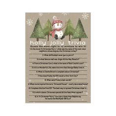 a christmas trivia with snowflakes and trees on the side, which reads holly jolly trivia