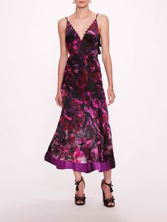 Fitted Floral Print Evening Slip Dress, Elegant Floral V-neck Slip Dress, Magenta Slip Dress, Dark Floral Slip Dress, Moody Garden, Evening V-neck Slip Dress With Floral Print, Formal Wedding Guest Attire, Marchesa Dress, Wedding Guest Attire