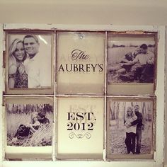 an old window is decorated with family photos and the words, the aurby's est est 2012