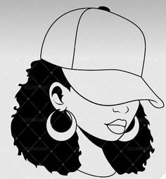 a black and white silhouette of a woman wearing a baseball cap with earrings