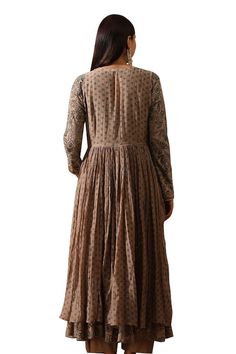 Beige anarkali featuring hand block print floral print with mukaish detailing. Paired with a printed jacket and a pant. - Aza Fashions Round Neck Anarkali, Beige Anarkali, Floral Anarkali, Printed Jacket, Hand Block Print, Agra, Pants Pattern, Anarkali, Aza Fashion