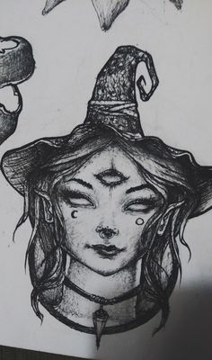 a drawing of a woman wearing a witches hat with her eyes closed and nose open