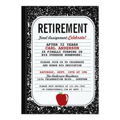 a retirement party flyer with an apple on the front and black border around the back