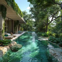 an outdoor swimming pool surrounded by greenery