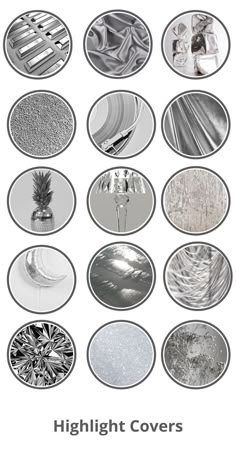 several different types of silver and white covers on a white background with the words highlight covers above them