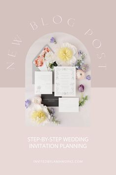 a wedding stationery with flowers on it and the words, step - by - step wedding