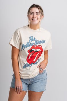 Rolling Stones start me up thrifted t-shirt - Trendy Band T-Shirts and Sweatshirts at Lush Fashion Lounge Boutique in Oklahoma City Trendy Cotton T-shirt For Fan Gear, Trendy Cotton T-shirt For Fan Merchandise, Spring Fan Merchandise Screen Print Top, Casual Unisex Tops With Funny Print, Trendy Unisex Top With Front Print, Fan Merchandise T-shirt With Front Print For Spring, Band Merch Cotton Top With Funny Print, Soft-washed Summer T-shirt For Fan Merchandise, Vintage Unisex T-shirt For Spring