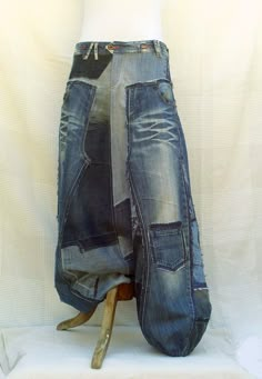 Unisex Harem pants in patchwork of recycled jeans (CUSTOM-MADE REALIZATION) , pants in disconnected then sewn on again recycled blue jeans Blue Baggy Recycled Denim Jeans, Denim Blue Recycled Denim Patchwork Pants, Streetwear Pants With Pockets In Recycled Denim, Streetwear Recycled Denim Pants With Pockets, Full-length Recycled Denim Pants With Pockets, Jeans Custom, Jean Diy, Upcycling Jeans, Diy Jeans