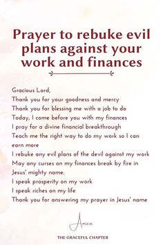 a prayer card with the words prayer to rebuke evil plans against your work and finance