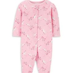 Carter's Unicorn Unisex Sleep N Play Pajama Pink Cartoon Print Onesie For Loungewear, Playful Unicorn Print Sleepwear For Sleepover, Playful Unicorn Print Sleepwear, Cute Unicorn Print Sleepwear For Loungewear, Unicorn Print Cotton Sleepwear For Loungewear, Pink Unicorn Print Sleepwear For Bedtime, Cotton Onesie With Cartoon Print For Sleep, Pink Unicorn Print Sleepwear, Blanket Sleeper