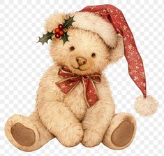 a teddy bear wearing a christmas hat and scarf