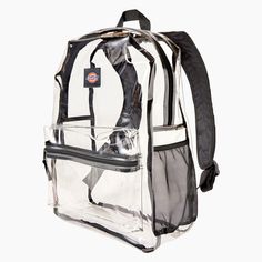 Whether you're headed to campus or going out to a concert, festival, or sporting event, our clear backpack is the perfect accessory. The backpack has adjustable padded shoulder straps you can count on for all-day comfort, a spacious main compartment, side water bottle pocket, and a small zippered pocket to keep your phone, keys, and wallet secure. Dimensions: 23L; 17" x 13" x 5.7" Side water bottle pocket Padded shoulder straps Large main compartment; Front zip compartment 100% Clear PVC Clear Nylon Backpack With Clear Strap, Clear Backpack With Clear Strap For Students, Clear Backpack For Everyday Use And Back To School, Nylon Backpack With Clear Strap For Daily Use, Clear Backpack For Back To School, School Backpack With Clear Strap In Nylon, Back To School Clear Backpack, Back To School Clear Backpack For School, Nylon Backpack With Transparent Straps For Everyday Use