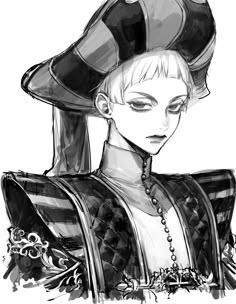 a black and white drawing of a woman wearing a hat with pearls on her head