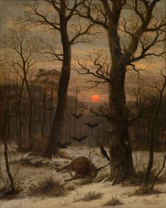 a painting of deer in the woods at sunset