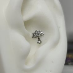 a close up view of an ear with a flower on it's back end