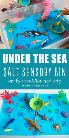 under the sea salt and sand activity bin for toddlers to play with an ocean theme