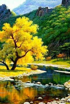 a painting of a river running through a lush green forest with mountains in the background