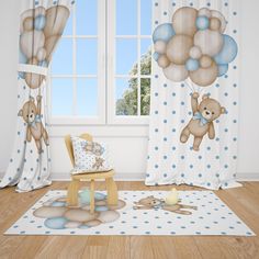 a teddy bear themed nursery room with blue polka dot curtains and stuffed animals on the floor