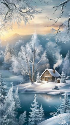 a painting of a cabin in the snow