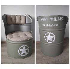 two pictures of an old army barrel with the words jeep willis on it, and a new one that has been converted into a chair