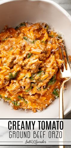 a bowl of orzo with a fork and text overlay that reads creamy tomato ground beef orzo Ground Beef And Orzo, Beef And Orzo, Beef Orzo, Resep Pasta, Recipes With Ground Beef, Avocado Dip, One Pot Dinners, Health Dinner