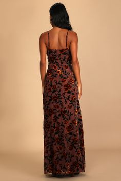 Lulus Exclusive! You and the Lulus Romance in the Making Plum Purple Floral Print Velvet Maxi Dress are bound for love! Mauve mesh, with a green and mustard yellow velvet floral print throughout, shapes this dress that has adjustable straps and a cowl neckline. The figure-skimming silhouette continues down a maxi hem. Hidden side zipper/clasp. Fit: This garment fits true to size. Length: Floor length. Size small measures 55" from adjustable straps to hem. Bust: Great for any cup size. Waist: Loo Fall Formal Dresses, Floral Bridesmaid Dresses, Velvet Prom Dress, Casual Formal Dresses, Floral Bridesmaid, Purple Floral Print, Velvet Maxi Dress, Velvet Maxi, Maxi Skirt Dress