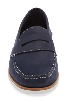 Inspired by classic boat shoes, this loafer made of water-resistant leather features bright stitching that matches the grippy sole for a smart, prepster look. Water-resistant Leather upper and lining/synthetic sole Made in Italy Designer Shoes Blue Leather Loafers With Cushioned Footbed, Blue Casual Loafers With Contrast Sole, Casual Blue Loafers With Contrast Sole, Casual Navy Loafers With Rubber Sole, Casual Blue Plain Toe Boat Shoes, Casual Boating Loafers With Plain Toe, Moc Toe Loafers With Stitched Sole For Boating, Casual Plain Toe Loafers For Boating, Casual Blue Moccasins With Contrast Sole