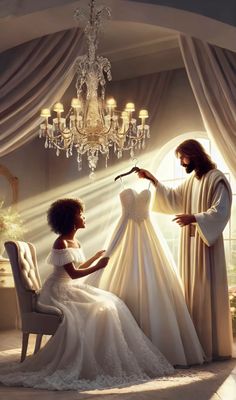 a painting of jesus and a woman holding a wedding dress in front of a chandelier