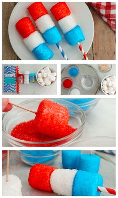 red, white and blue marshmallows are on a plate with toothpicks