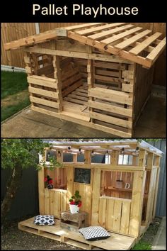 the pallet playhouse is made out of wooden pallets and has been built into an outdoor