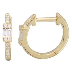 This one is a winner. It's a classic hoop that you will never want to take off. It also makes a great gift for a friend, everyone loves a classic but cool diamond hoop earring. Dimension: 11mm hoop Features 0.15 carat of round brilliant and baguette diamonds Available in 14 karat yellow, rose or white gold Please allow 7 to 10 days for delivery. Spike Hoop Earrings, Diamond Huggie Earrings, Diamond Baguette, Vs2 Diamond, Baguette Diamonds, Bow Jewelry, Diamond Hoop Earrings, Baguette Diamond, Earrings Collection