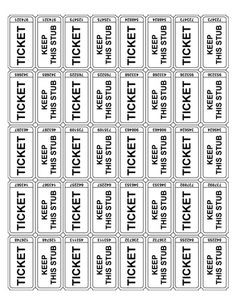 the printable ticket sheet is shown in black and white, as well as several different font