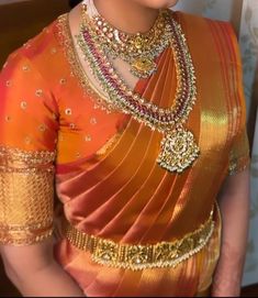 Telugu Bridal Blouse Designs, Orange Silk Saree Blouse Designs, Neck Designs For Pattu Blouse, Pastel Kanchipuram Saree Bridal, Telugu Bride Look, Orange Blouse Maggam Work Designs, Bridal Blouse Aari Work Designs, Orange Blouse Designs