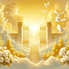 an open gate leading to heaven with white flowers in the foreground and birds flying around