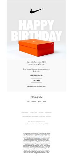 the website for nike's birthday celebration is displayed in white and orange colors, with an image of a red box on top