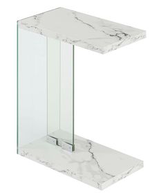 a white marble side table with glass shelves on each side and one shelf at the top